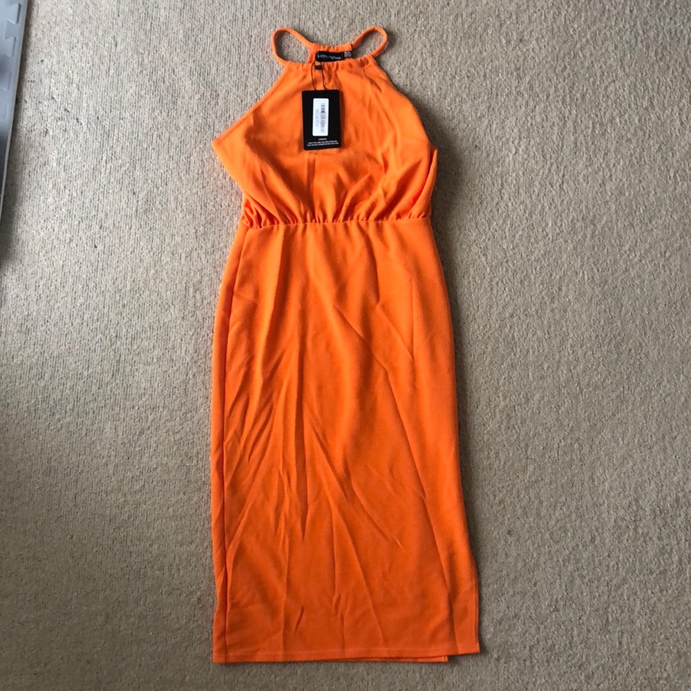 Pretty Little Thing Halter Neck Orange Midi Dress, NWT. Size 10
